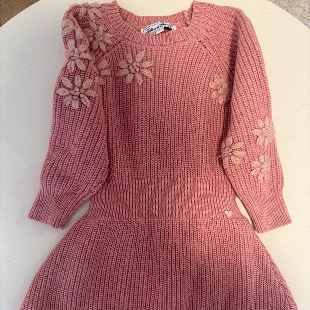 Tartine et Chocolat Pink Knit Dress with Floral Accents